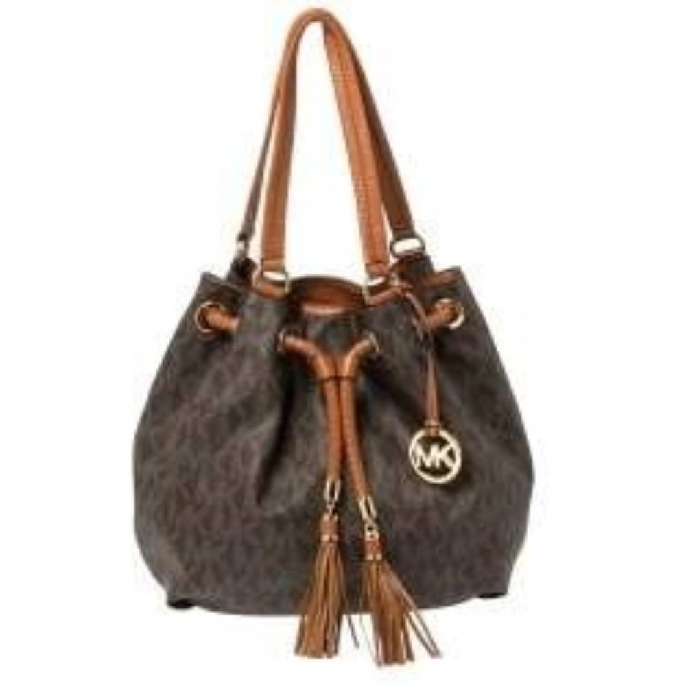 Michael Kors Brown Signature Coated Canvas and Leather Jet Set Drawstring Bag
